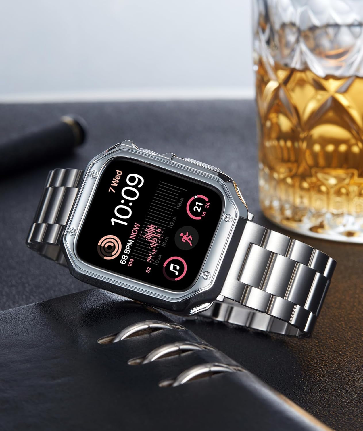 Compatible with Apple Watch Band 49Mm 45Mm 44Mm 42Mm 41Mm 40Mm 38Mm Matte Stainless Steel Metal Watch Strap with TPU Watch Case Compatible with Iwatch Series Ultra/9/8/7/Se2/Se/6/5/4/3/2/1