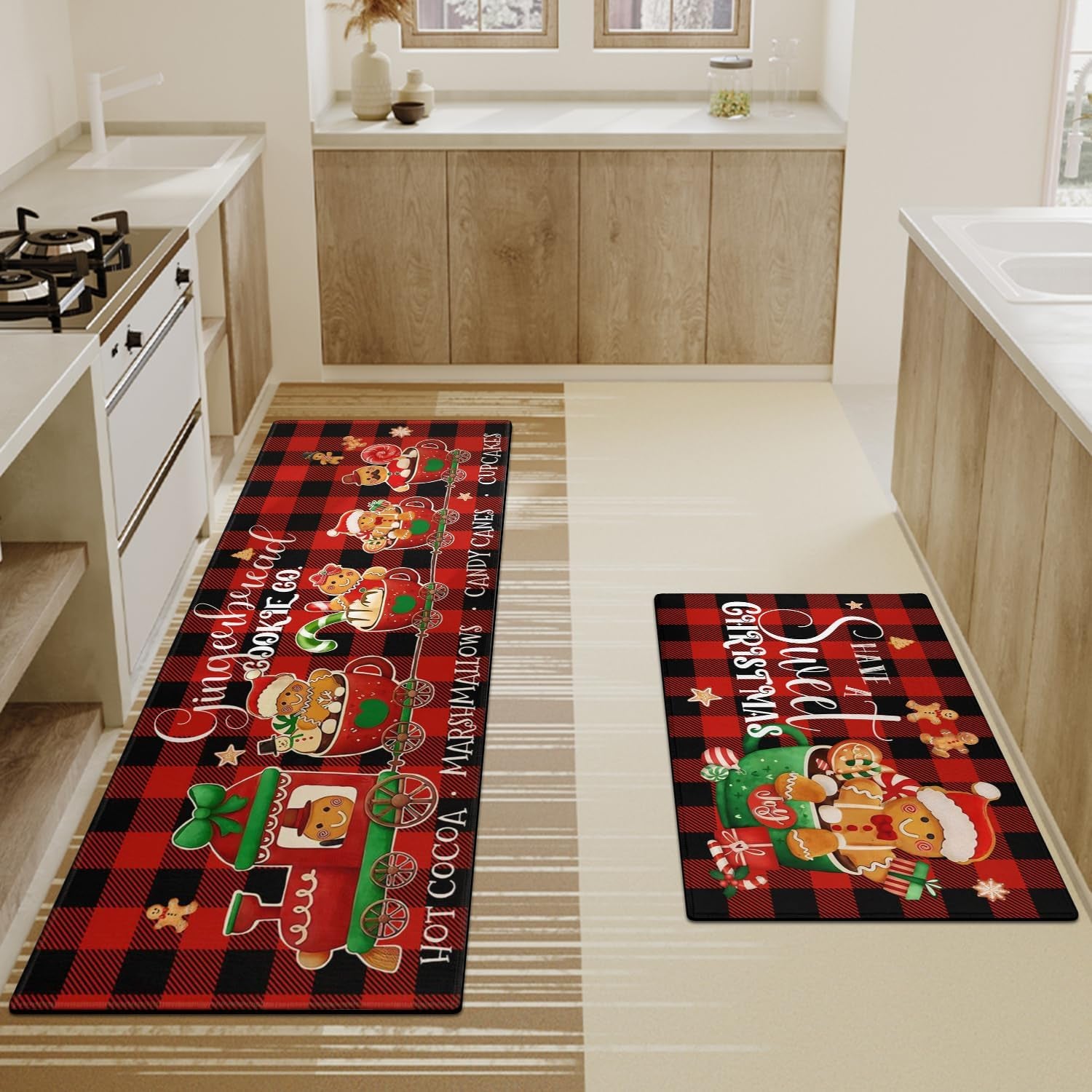 Merry Christmas Kitchen Rugs and Mats Set of 2,Buffalo Plaid Gingerbread Hot Cocoa Xmas Winter Holiday Sink Floor Mat Non Skid Washable for Home Farmhouse Christmas Decor 17"X47"+17"X30"
