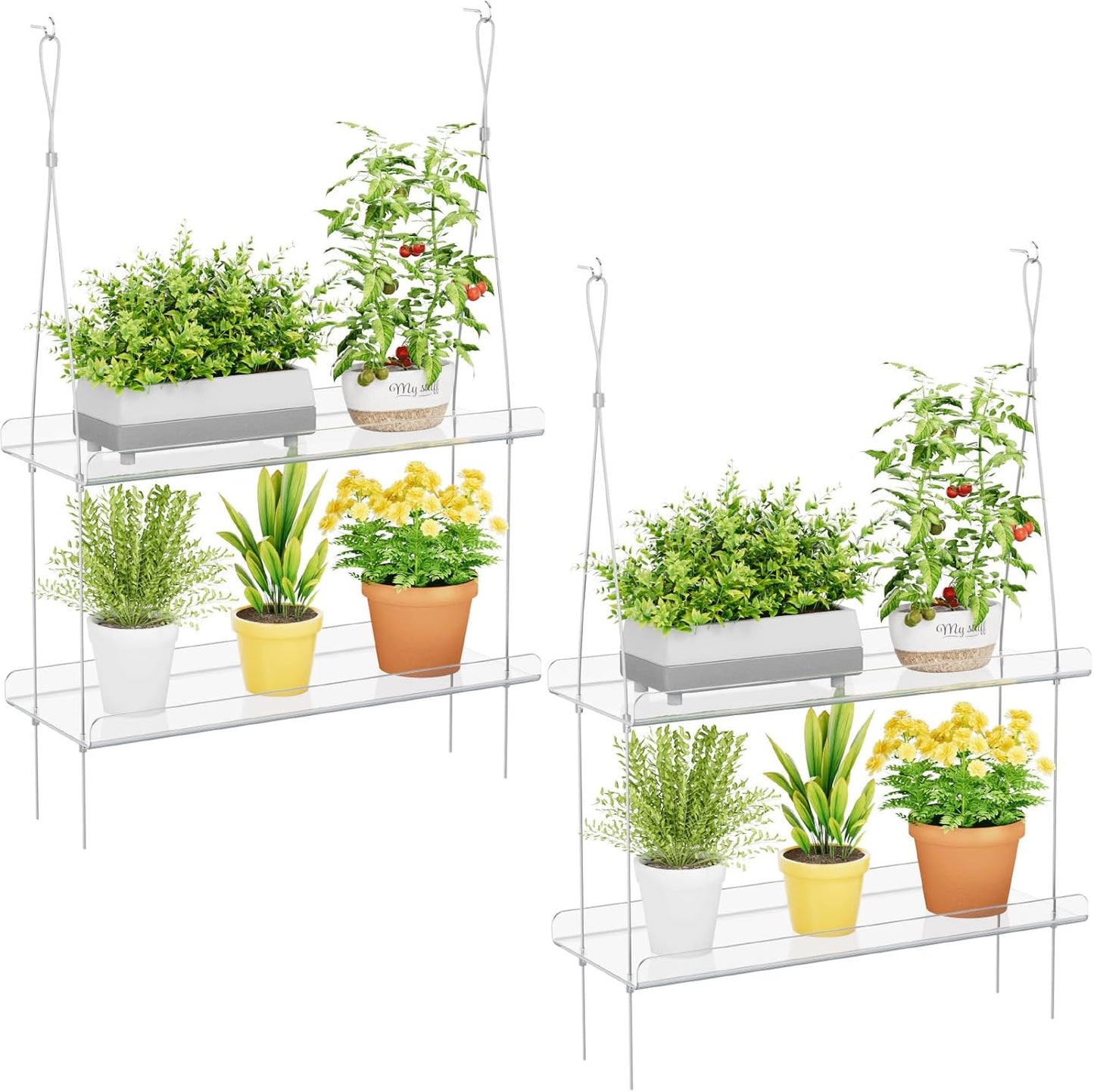 2-Tier Window Plant Shelves 15 Inch, Acrylic Adjustable Hanging Floating Shelf, Window Sill Extender for Indoor Succulent Plants, Micro Greens, Seed Starter Pots, Herb Planters