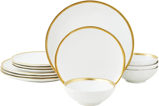 Matte White Porcelain Dinnerware Sets 12 Piece Service for 4, Ceramic Plates and Bowls Sets, Dishes, round Dinner Plates, Bowls, Golden Rim Dish Set for Home Decor