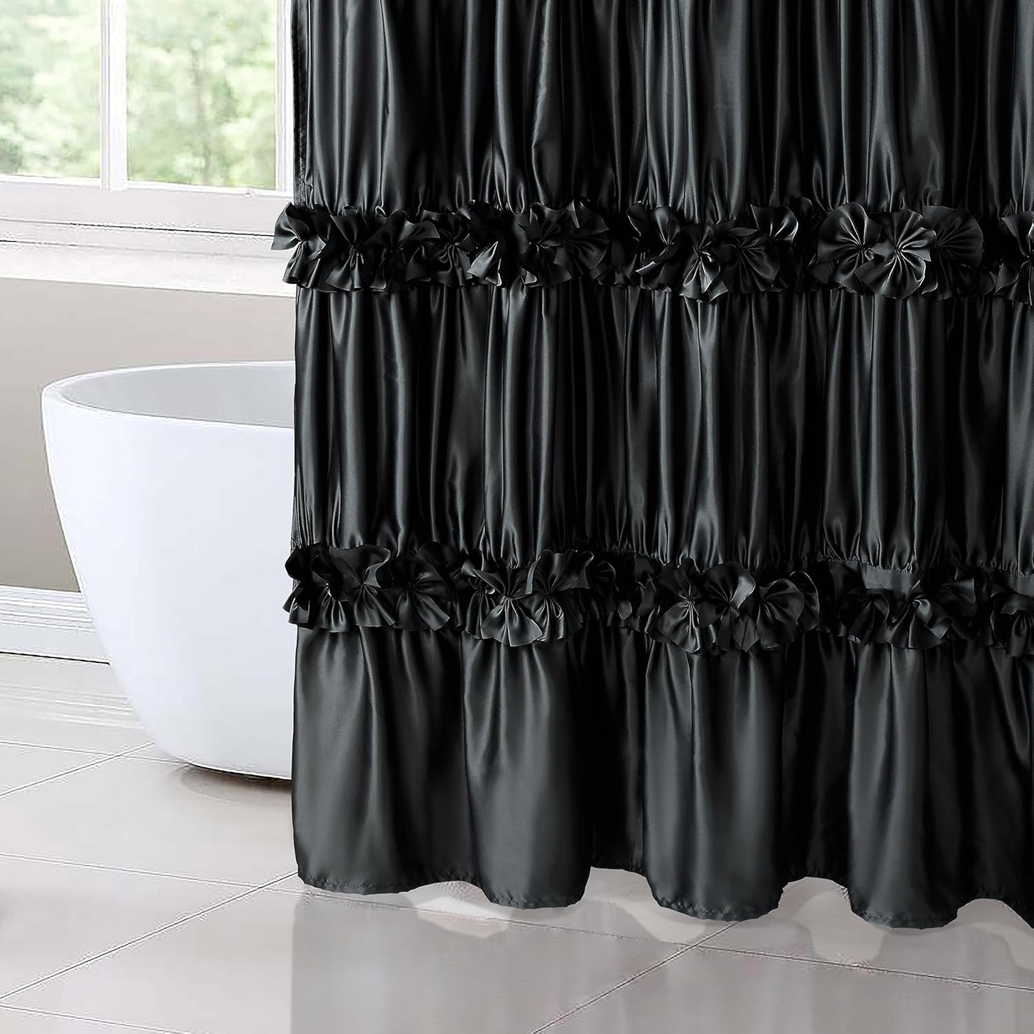 Black Ruffle Shower Curtain, Vintage Handcrafted Bow Tie Bath Curtain for Master Bathroom, Ruched Satin Bathroom Curtain with 12 Buttonholes, 72" W X 72" H (LQ-10)