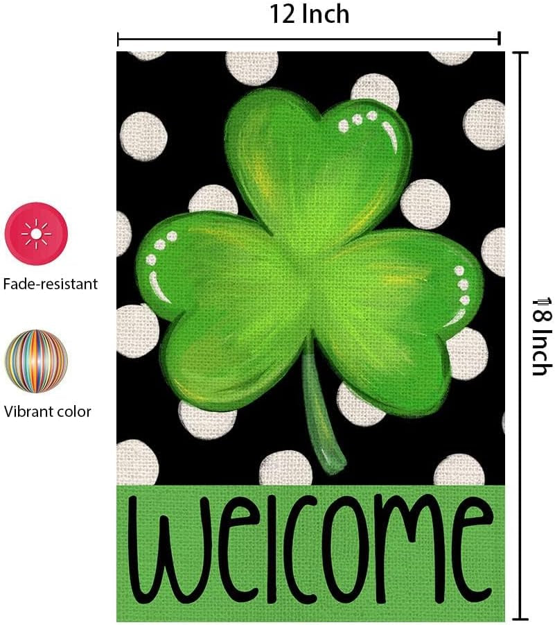 St Patricks Day Shamrock Garden Flag 12×18 Inch Double Sided Green Clover Small Burlap Welcome Polka Dots Holiday Yard Flag for Outside