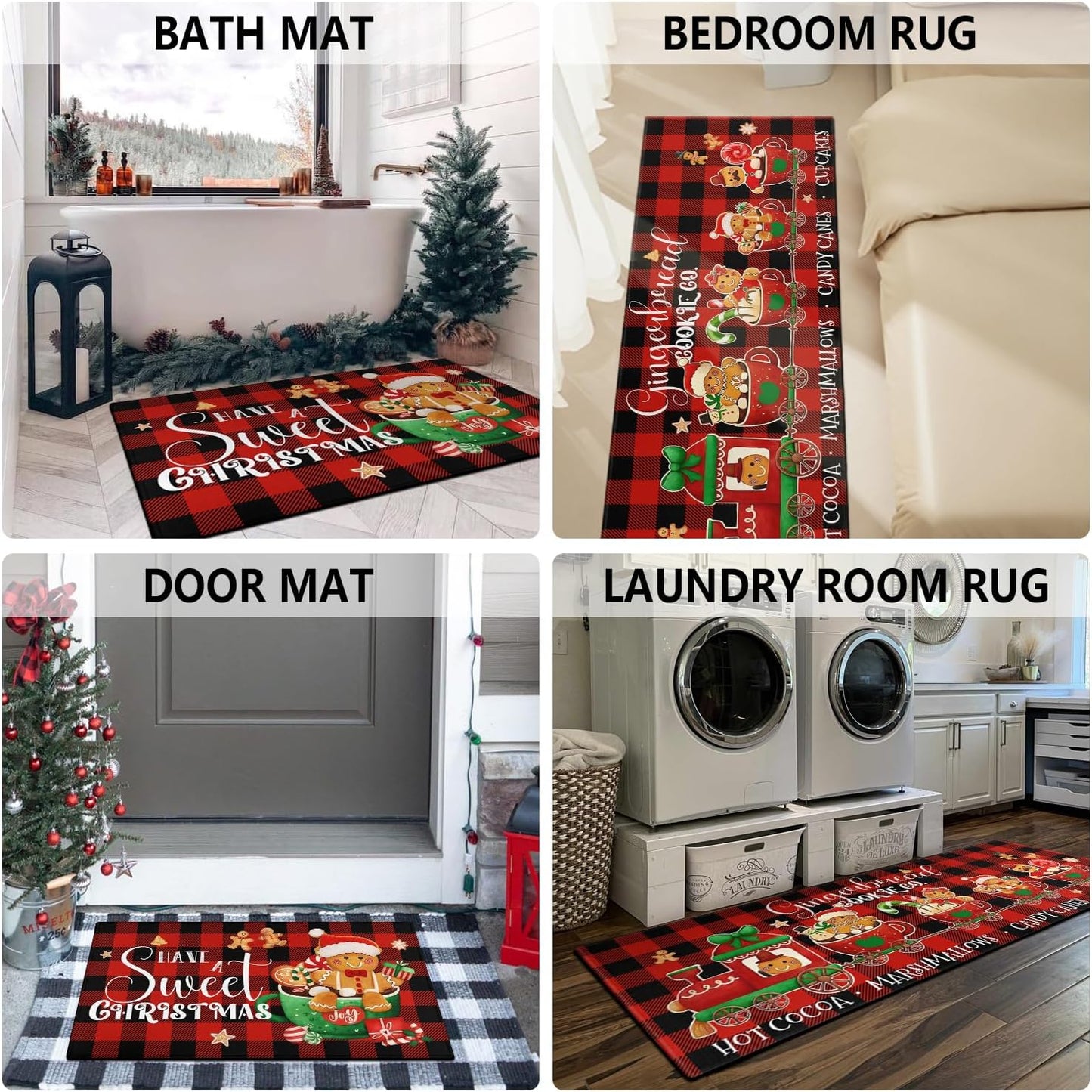 Merry Christmas Kitchen Rugs and Mats Set of 2,Buffalo Plaid Gingerbread Hot Cocoa Xmas Winter Holiday Sink Floor Mat Non Skid Washable for Home Farmhouse Christmas Decor 17"X47"+17"X30"