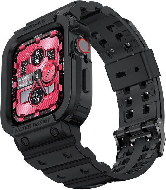 Compatible with Apple Watch Band 45Mm 44Mm 42Mm with Bumper Case, Rugged Men Bands for Iwatch SE SE 2 Series 9 8 7 6 5 4 3 2 1, Sport Military Protective Cases Drop-Proof, Matte Black