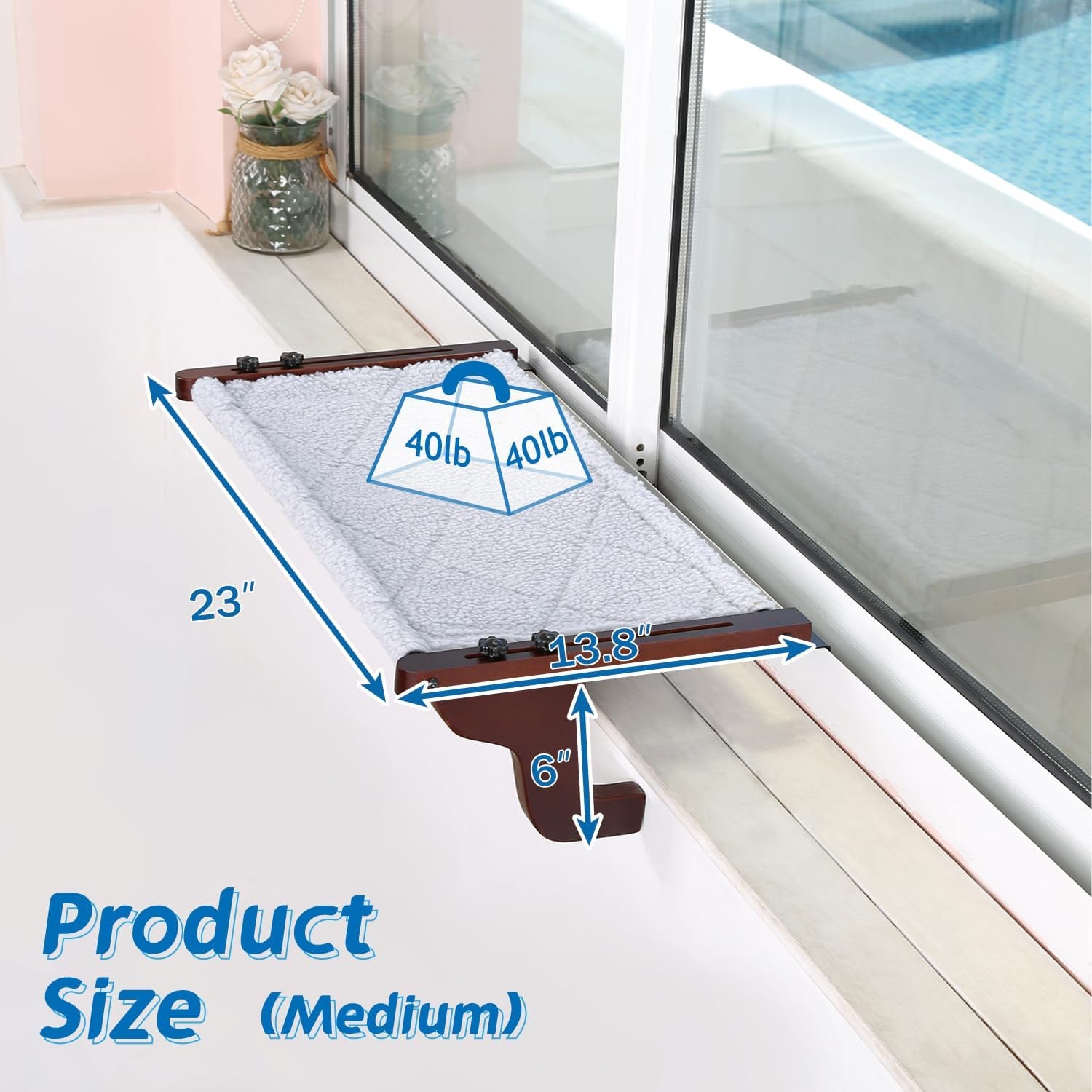 Easy Seat Cat Perch for Window Sill - Hammock Design W/Premium Wood & Robust Metal Frame - Cat Window Seat for Large Cats and Kittens (Dark Stained Wood W/Gray Bed, Medium (23''W X 14''D))