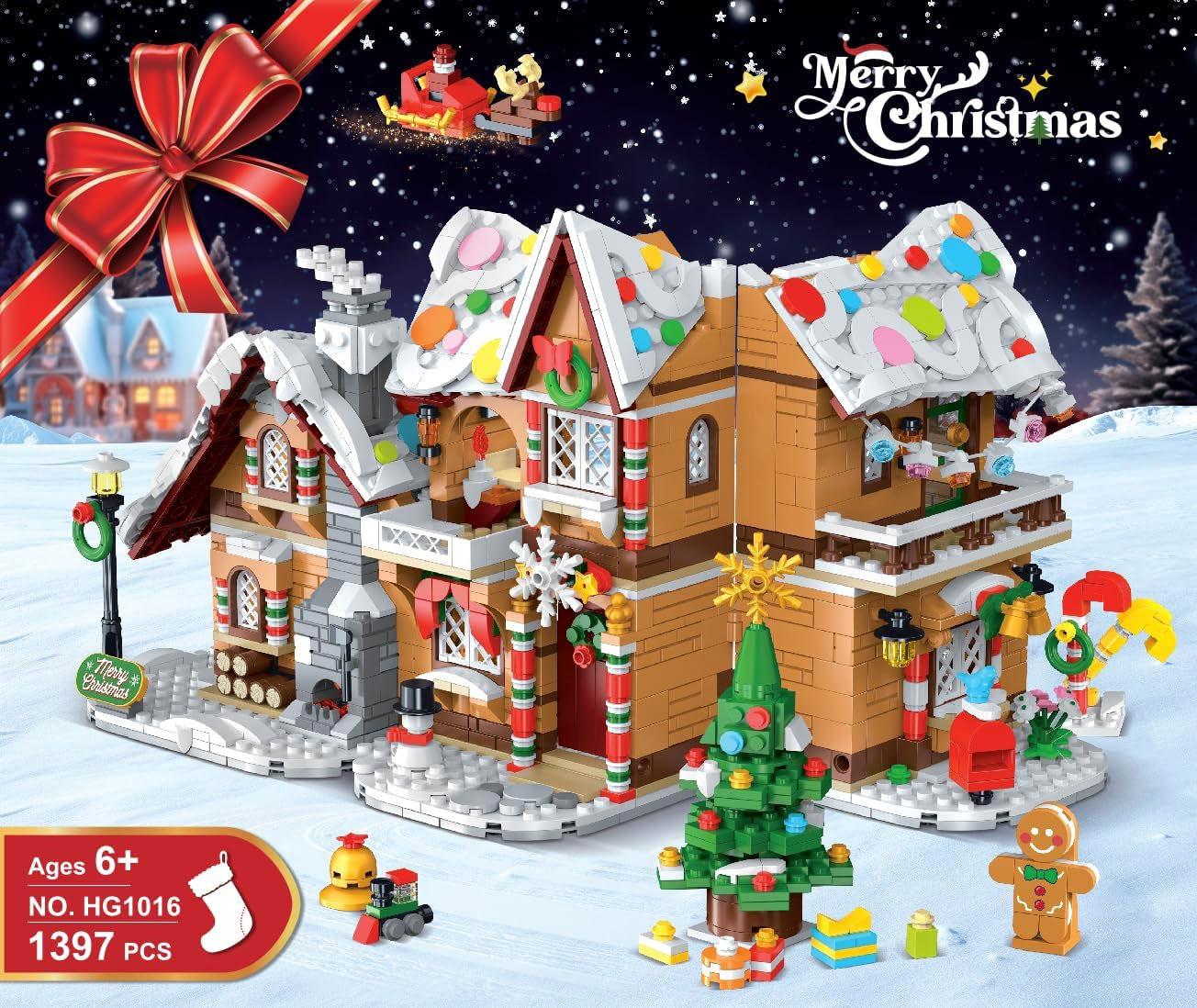 3 Style Christmas Gingerbread House Building Set with LED Light - 2024 Snowscape Village House Building Block Toy with Santa Claus Xmas Tree Train Gifts for Adults Kids Girls Boys Ages 8+ (1397 PCS)