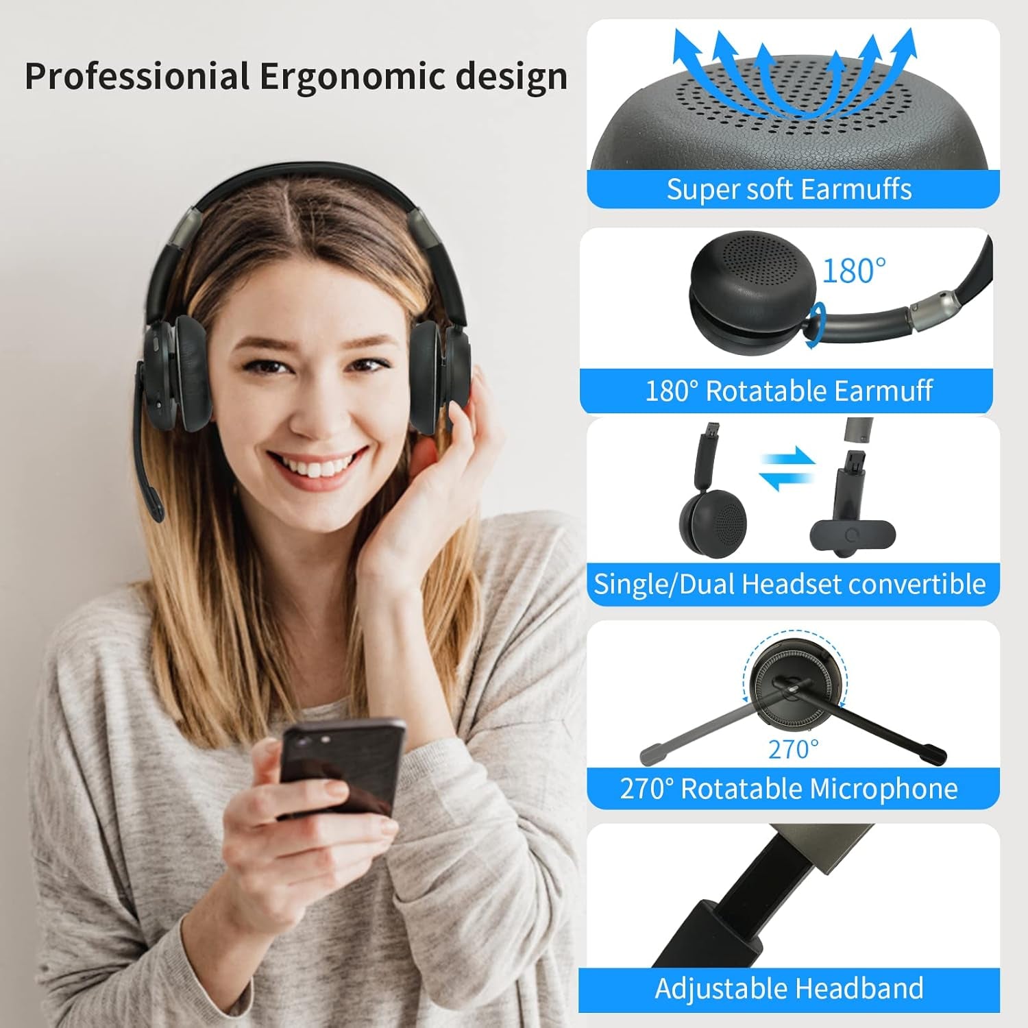 Bluetooth Headset with Microphone, V5.2 Single and Dual Ear Wireless Headphones with AI Noise Cancelling for Cell Phone, Laptop,Trucker, Home Office, Call Center,Zoom, Online Class 1 TRUCK DRIVER