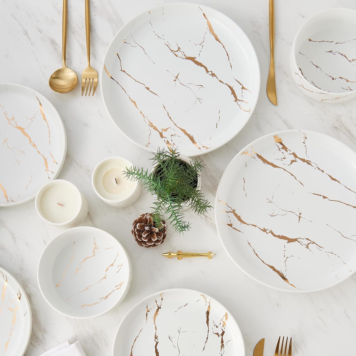 Gold Splash Dinnerware Sets, 12 Pieces Plates and Bowls Sets, Modern Marble Porcelain, Dishes Set for 4, White