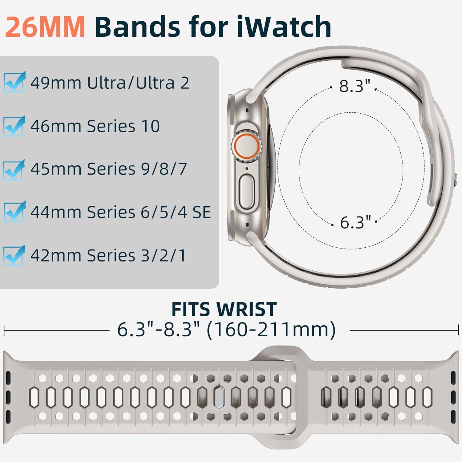 26MM Sport Band Compatible with Apple Watch Ultra 2 & Ultra Band 49Mm 46Mm 45Mm 44Mm 42Mm Men, Honeycomb Breathable Silicone Waterproof Strap for Iwatch Apple Watch Series 10 9 8 7 6 5 4 3 SE