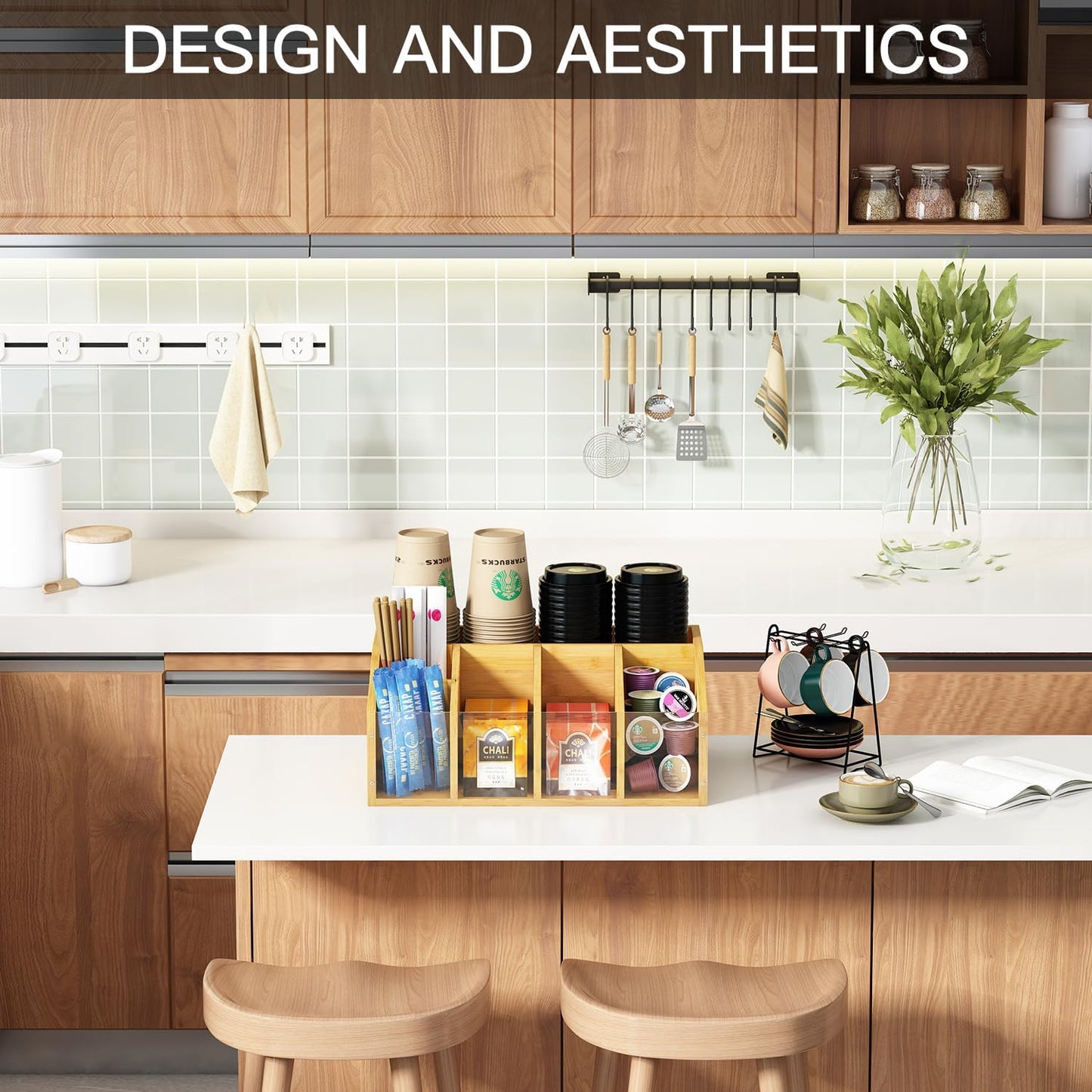 Coffee Station Organizer Coffee Bar Organizer for Countertop Farmhouse Coffee Caddy with Removable Dividers Office Coffee Bar Accessories and Organizer for Coffee Pods, Syrup, Cups, and Stirrer