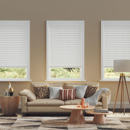 2.5 Inch Cordless Faux Wood Blind, 34" W X 60" L - White Plantation Style Venetian Blinds, over 400 Custom Sizes Starting at 29.97, Room Darkening Shades for Interior Windows by