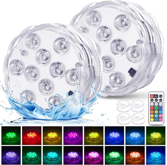 Hot Tub Lights, Submersible LED Pool Lights with Suction Cup and Remote Control, 2-Pack RGB Color Battery-Powered Waterproof Lights for Ponds, Decoration, Parties, Vase Bases, Spas, Aquariums