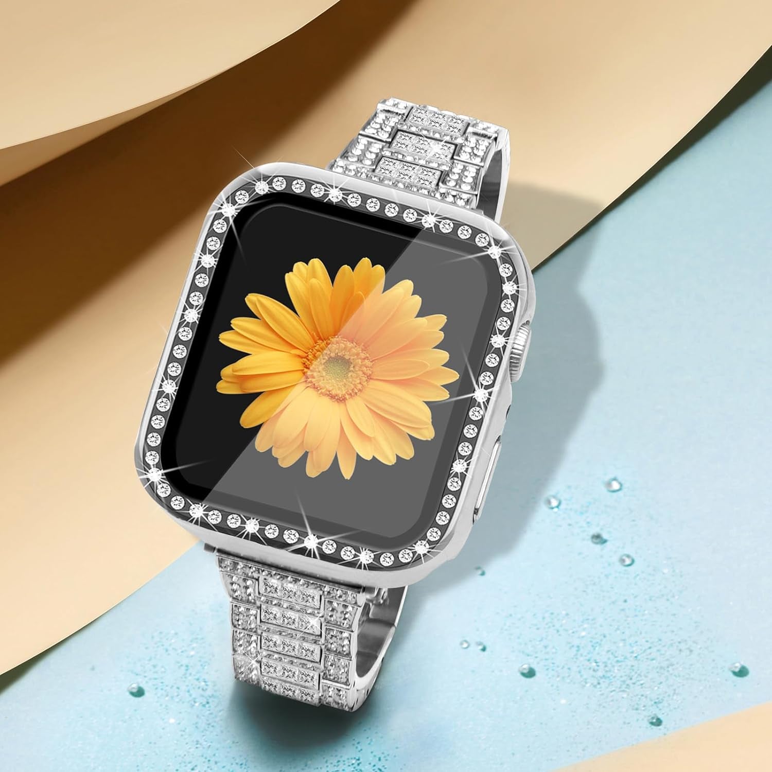 Compatible for Apple Watch Band with Screen Protector Case, Jewelry Replacement Band 45Mm 44Mm 42Mm 41Mm 40 Mm 38Mm 2 Pack Bling Protective Cover for Iwatch Series 9/8/7/6/5/4/3/2/1/SE Women