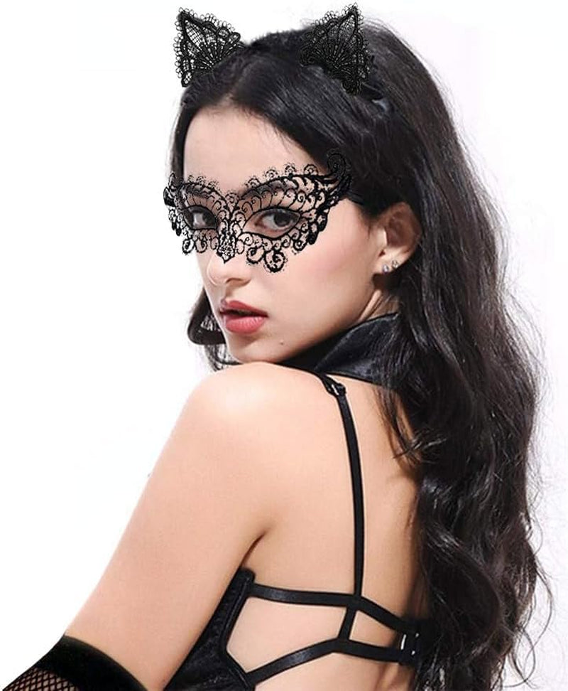 Black Cat Costume Accessories Cat Woman Sexy Costume for Women Halloween Masquerade Mask Adult, Lace Ears & Choker Necklace