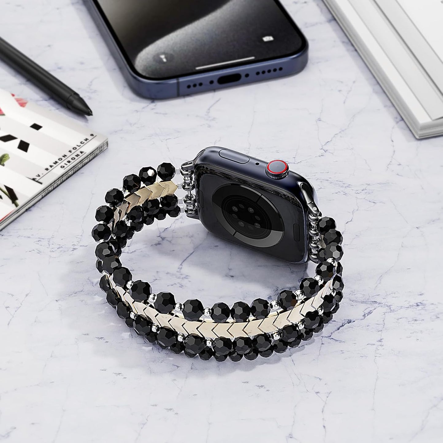 Beaded Bracelet Compatible with Apple Watch Band 42Mm/44Mm/45Mm Series 9/8/7/SE/6/5/4/3/2/1 Women Fashion Handmade Elastic Stretch Strap for Iwatch Bands Replacement