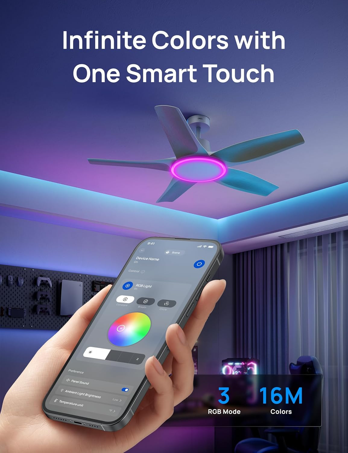 Smart Ceiling Fans with Lights, Low Profile Ceiling Fan with Alexa/App, 52'' Dimmable Lighting & Color Tuning, RGB Ambient Light for Living Room, Game Room, Easy Installation, Quiet, White