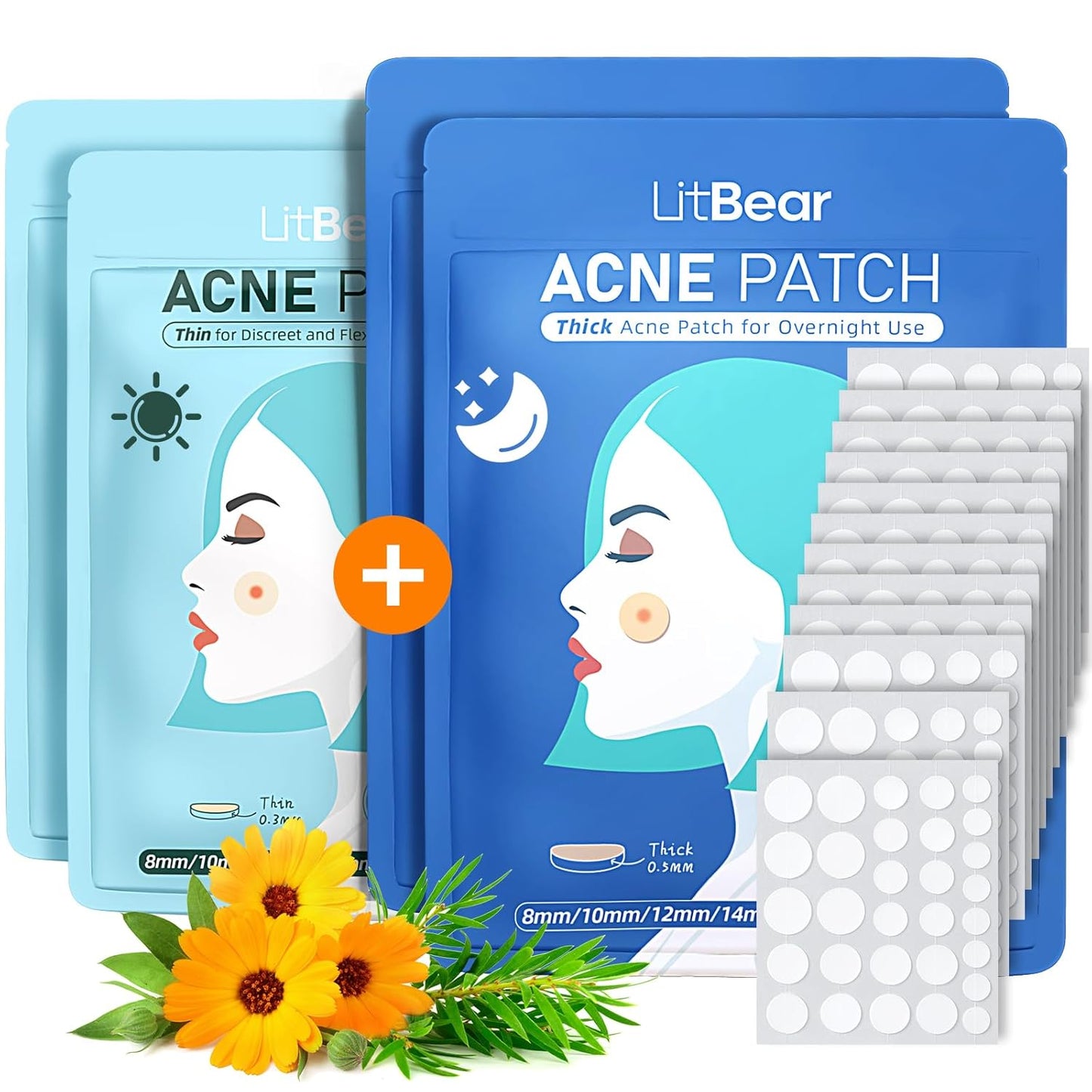 Acne Pimple Patches- Day and Night 4 Sizes 180 Dots Thin & Thick Hydrocolloid Patches with Witch Hazel, Tea Tree & Calendula Oil, Extra Adhesion for Face Zit Patch Dots