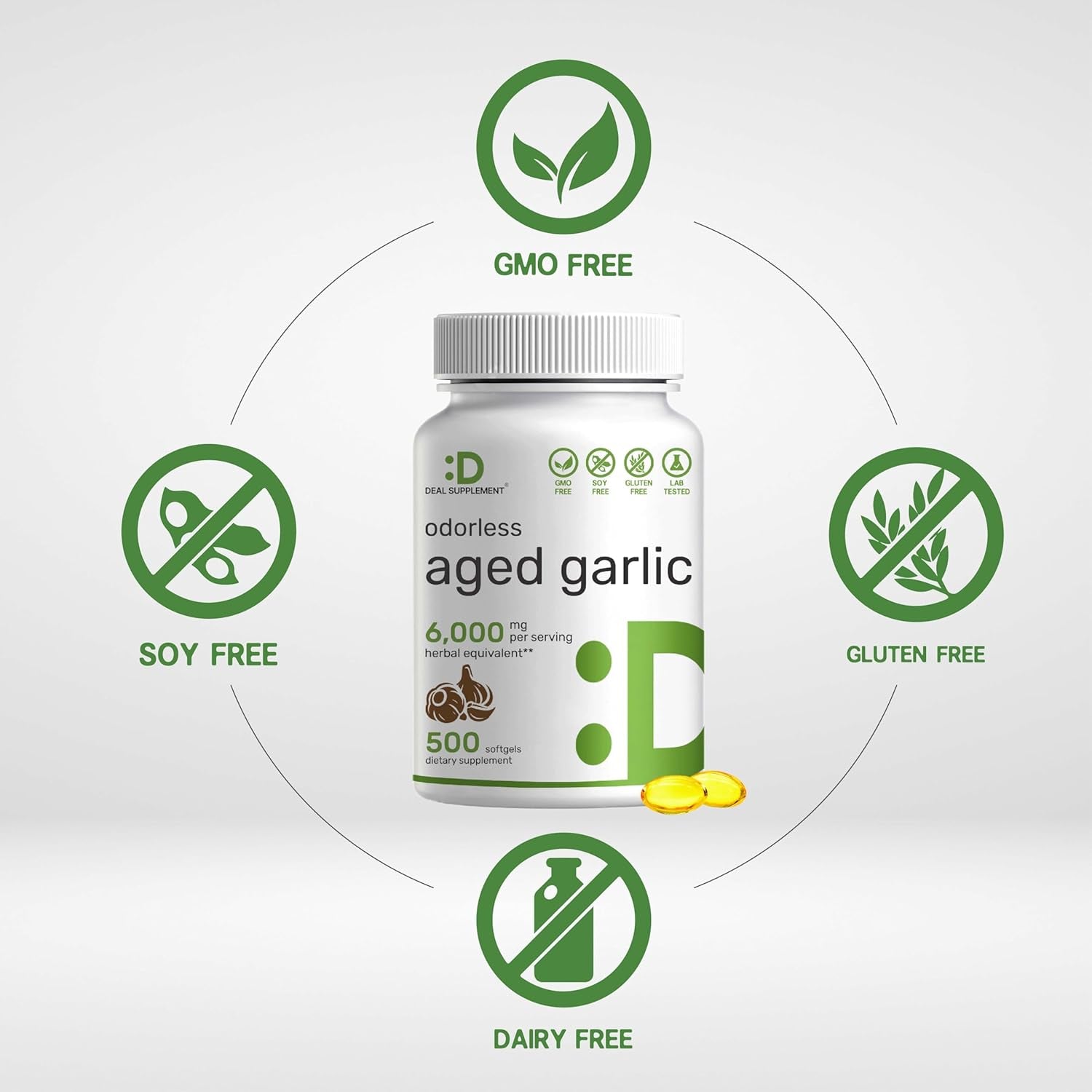 Odorless Aged Garlic Pills, 6,000Mg per Serving, 500 Softgels – 24:1 Garlic Oil Extract – Fresh Allium Sativum Bulb Source – Heart & Immune Antioxidant Supplements – Non-Gmo TLBH