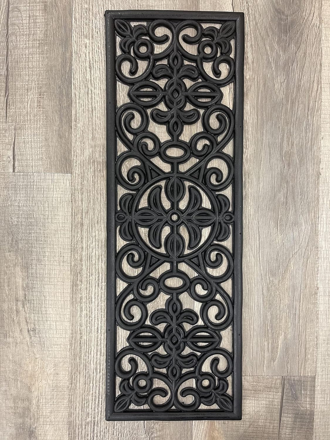 Indoor/Outdoor Hose-Wash Iron Wrought Design Non-Slip Rubber 10" X 30" Modern Stair Treads for Stairs, Garage, Patio, 5 Pack, Black Floral