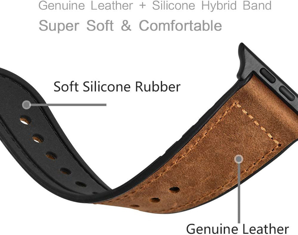 Compatible with Apple Watch Band 49Mm 45Mm 44Mm 42Mm, Sweatproof Genuine Leather and Rubber Hybrid Band Strap for Iwatch Ultra 2/1 Series 9 8 7 6 5 4 3 2 1 SE2 SE, Brown Band with Black Adapter