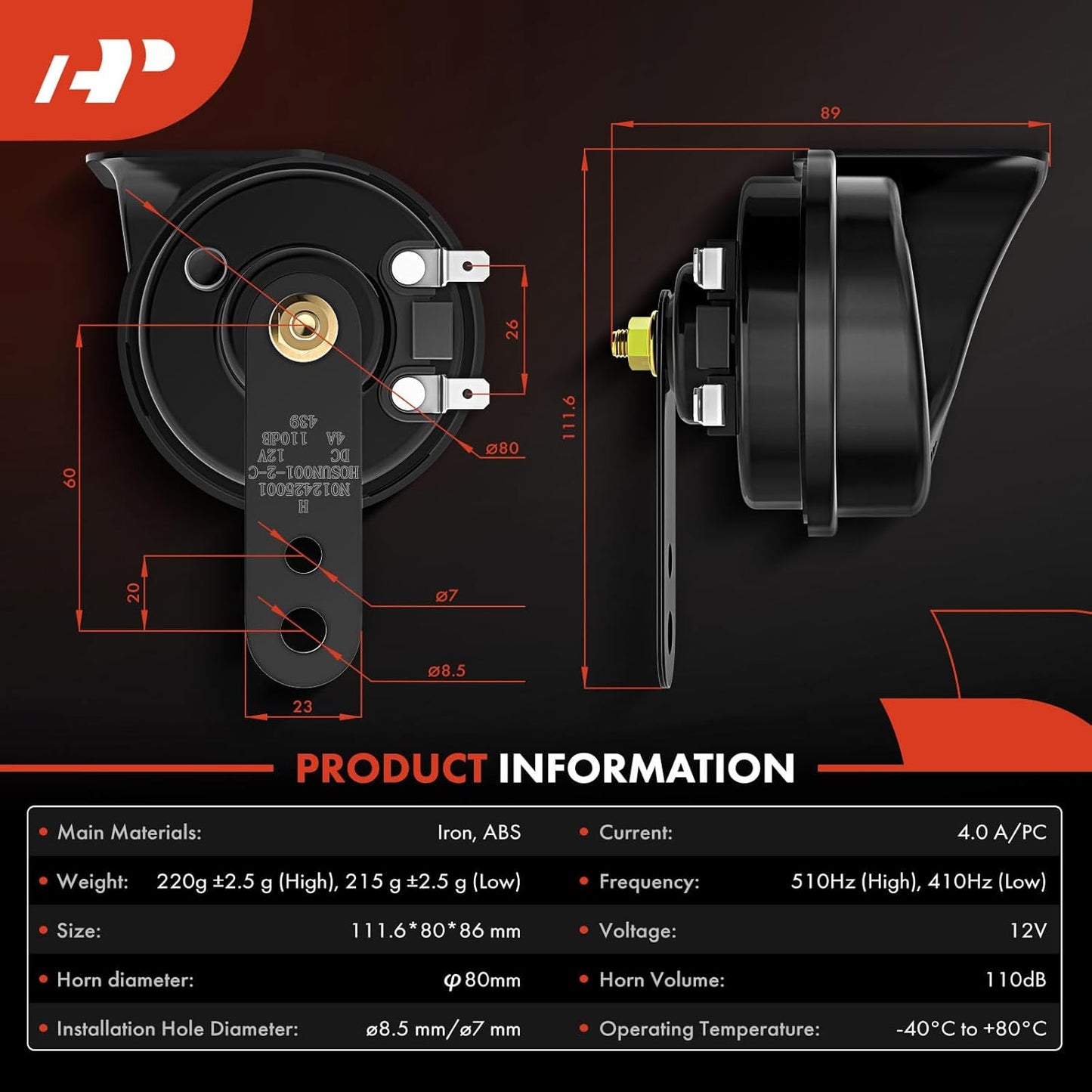 Dual Snail Horn High Low Universal Electric Horns - 12V 110Db - Compatible with Most Passenger Cars, Commercial/Off-Road Vehicles, Gas Cars, Electric Cars, Motorcycles & Trucks, 80 Mm TRUCK DRIVER