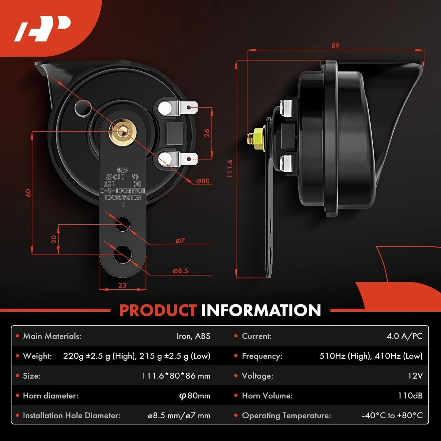 Dual Snail Horn High Low Universal Electric Horns - 12V 110Db - Compatible with Most Passenger Cars, Commercial/Off-Road Vehicles, Gas Cars, Electric Cars, Motorcycles & Trucks, 80 Mm TRUCK DRIVER