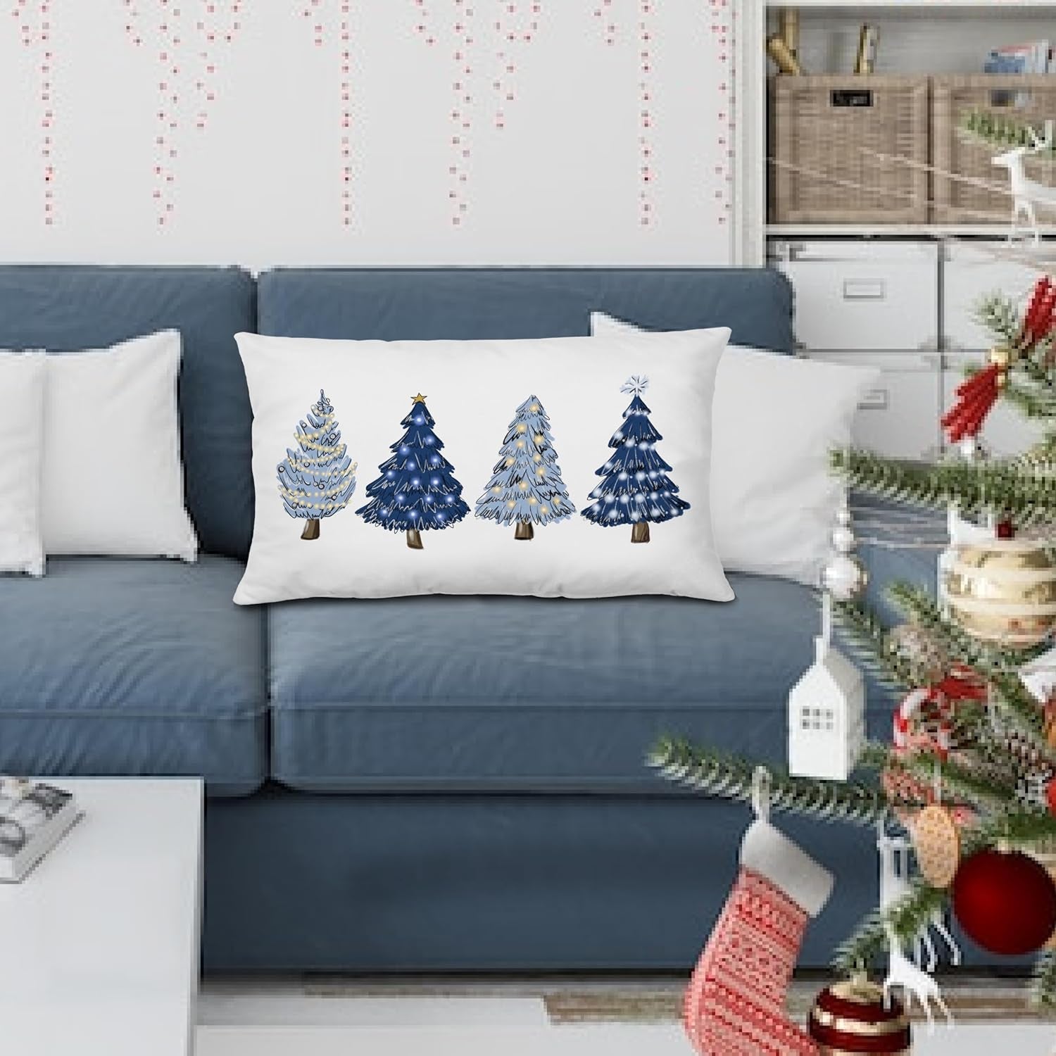 Navy Blue Christmas Decorations Christmas Tree Pillow Covers 12X20,Blue Christmas Decor,Christmas Trees Xmas Pillow Cases Cushion Covers,Blue Christmas Decor Pillow Covers for Bedroom