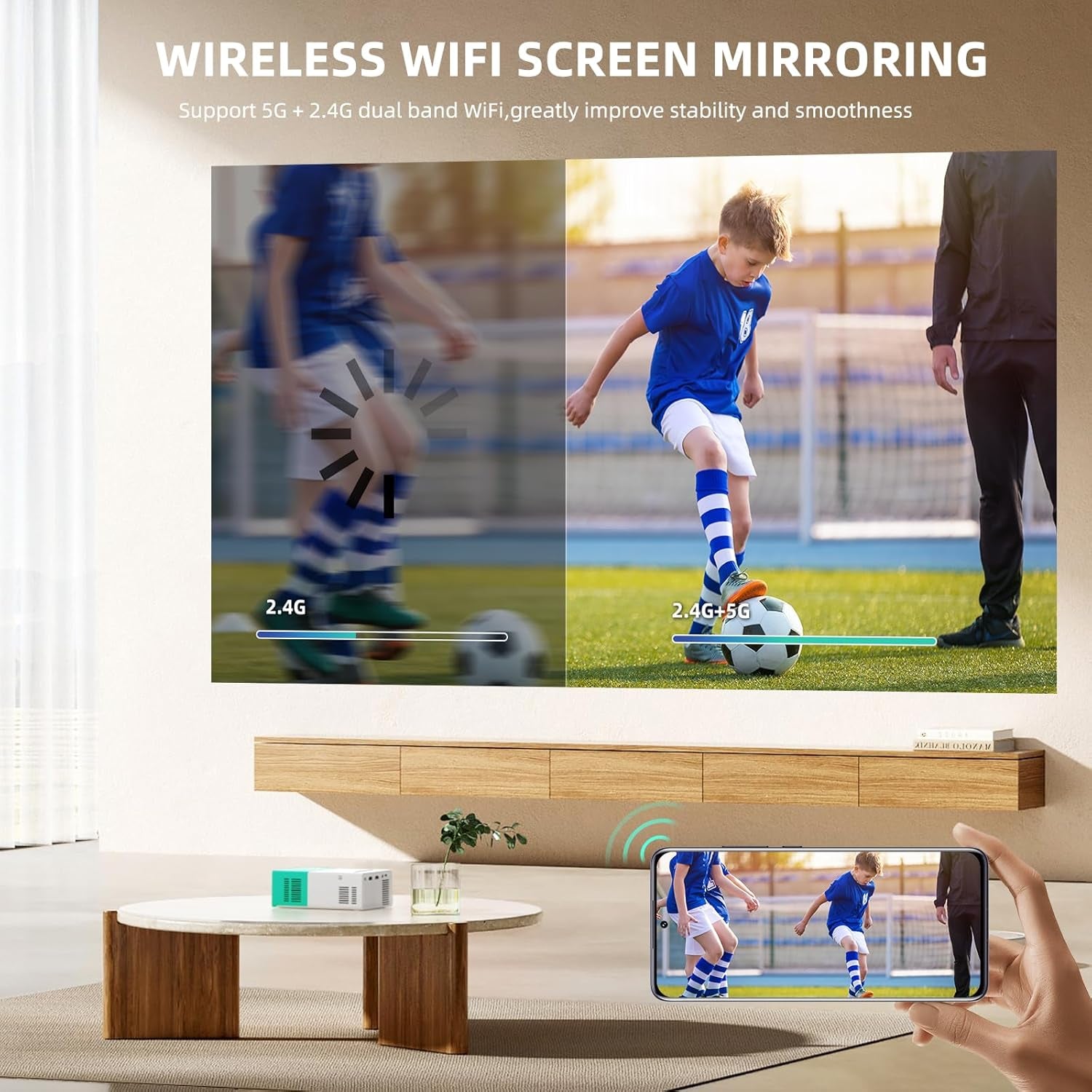 Projector,  Wifi Projector Portable Movie Projector, Phone or Tablet Can Be Mirrored to the Projector Wirelessly or via Data Cable, Compatible with Smartphone/ Tablet/ Laptop/Tv Stick/Usb Drive