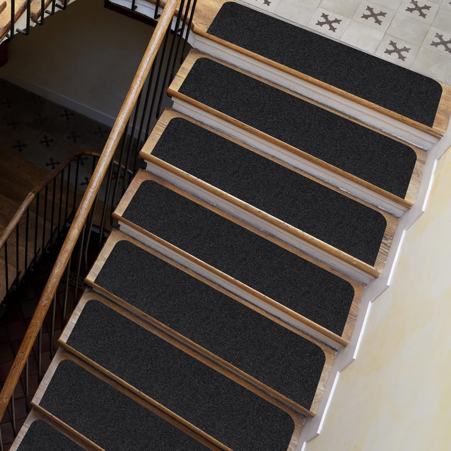 8X30In 15PCS Non-Slip Stair Treads Carpet, Self-Adhesive Stair Treads for Wooden Steps, Indoor Safety Staircase Step Treads, anti Slip Stair Runner Mats for Elders, Kids and Dogs (Black)