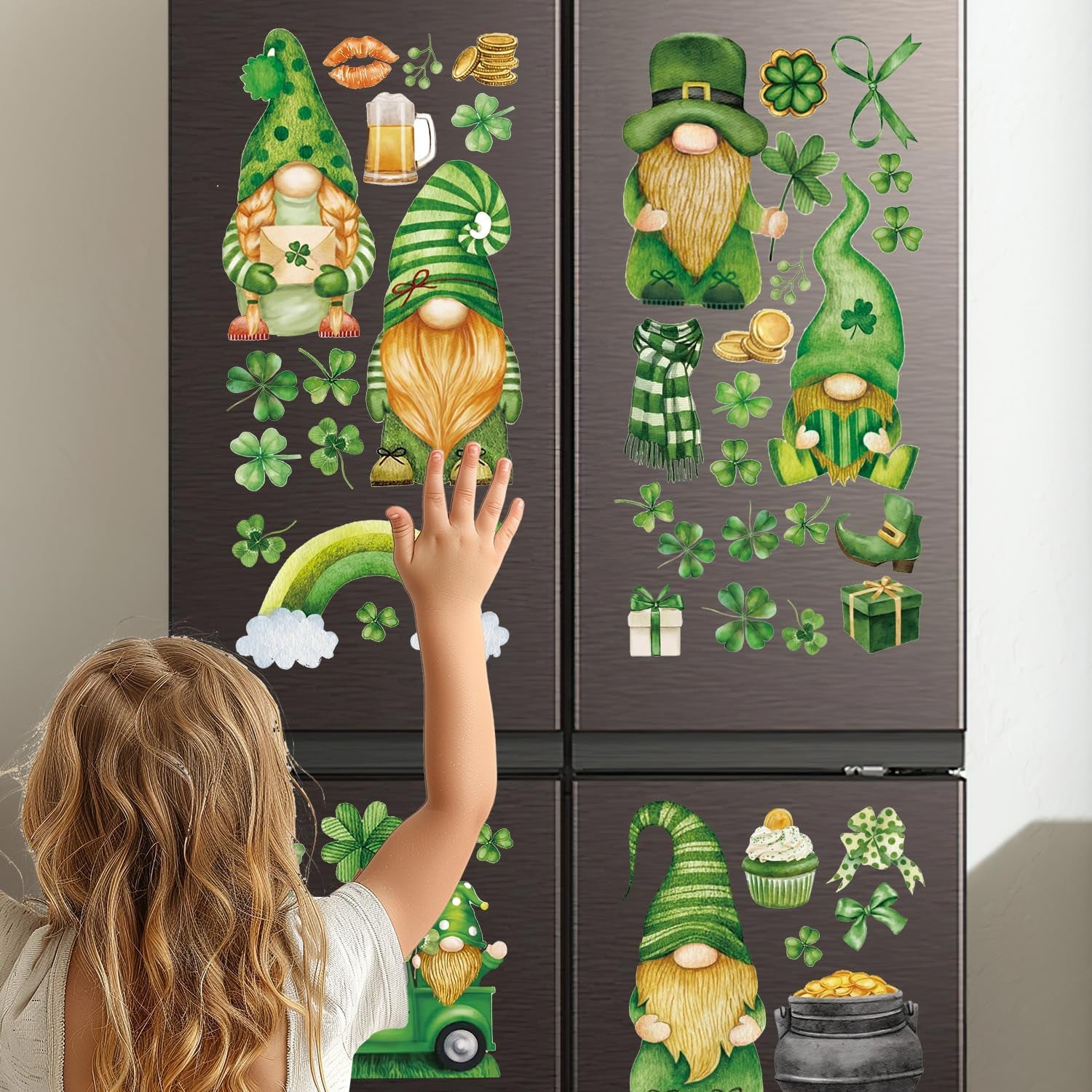 9 Sheets St. Patricks Day Window Clings, Double Sided Green Gnome Shamrock Truck Pattern Window Decals,St Patricks Day Decorations Window Clings for Irish Lucky Day Home Office Party Decor