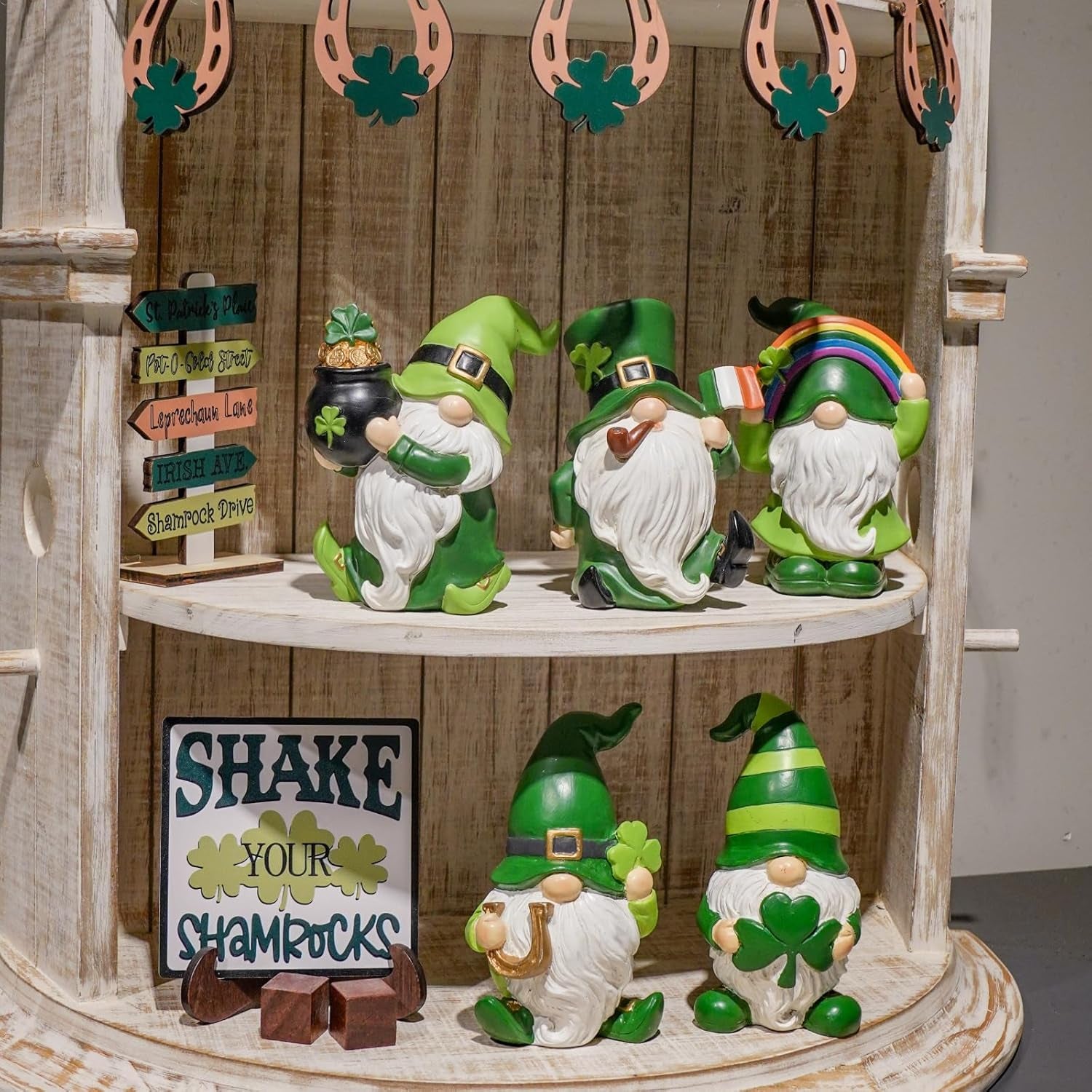 St Patricks Day Decorations Gnome Décor - 2Pc Resin Gnome Figurines with Green Shamrock Horseshoe Modern Farmhouse Décor for Tabletop Home Décor