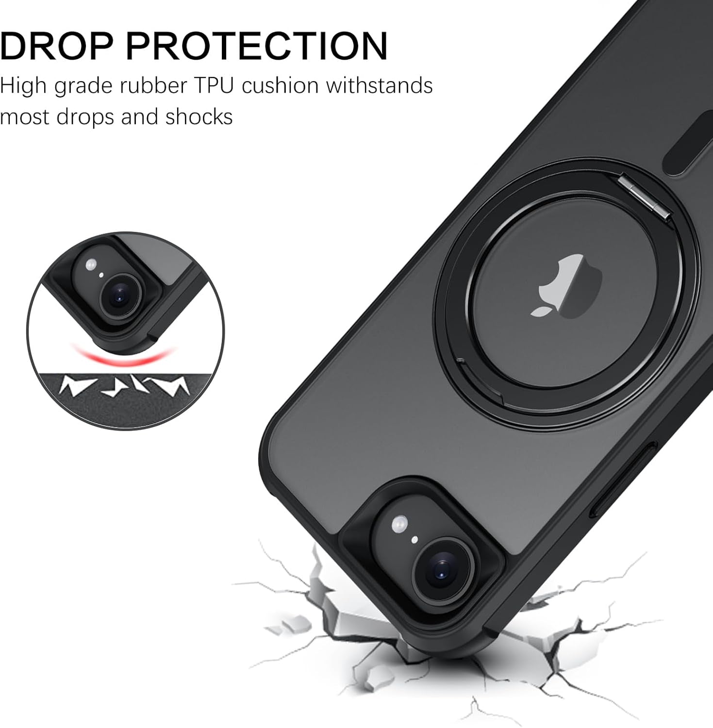 for Iphone 16E Case, Iphone 16E Magnetic Phone Case with Magsafe Rotatable Invisible Kickstand Ring Holder Design Shockproof Women Men Girl Boy Protective Cover for Iphone 16E 6.1", Black