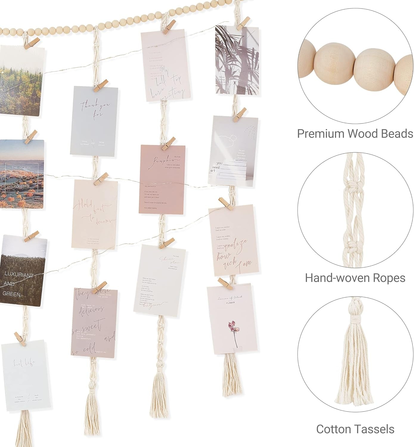 Macrame Hanging Photo Display Wall Decor with String Lights, Boho Wooden Beads Garland Collage Picture Card Frame Holder with 45 Clips for Bedroom Living Room Dorm, Teen Girls Christmas Gifts