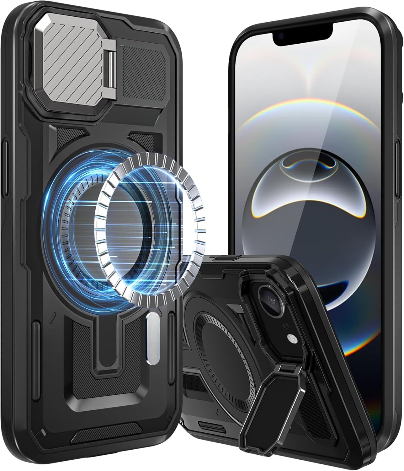 For Iphone 16E Case, 16E Case 2025 with Camera Cover Stand[Compatible with Magsafe] Heavy Duty Drop Shockproof Slim Protection Rugged Magnetic Phone Case for Iphone 16E Case 6.1",Black