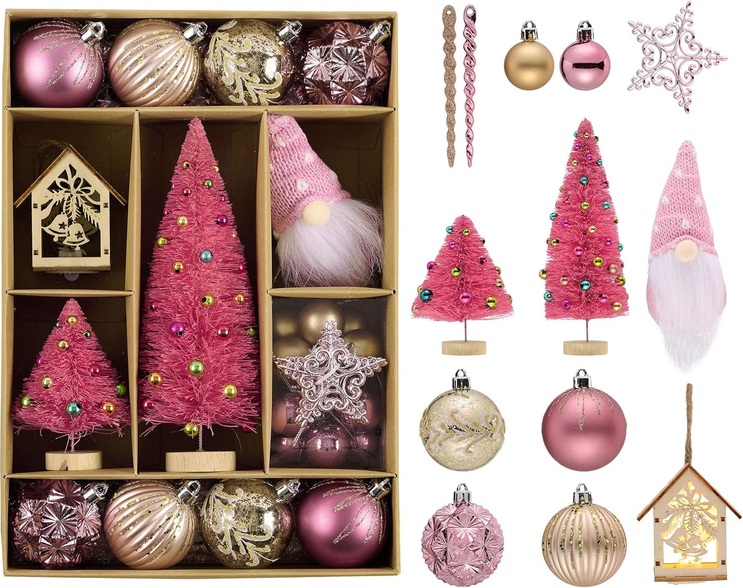 Decorbyhannah 70Ct Christmas Ornaments Set, Shatterproof Decorative Pink Gold Christmas Tree Decorations with Small Xmas Tree, Gnome and Wooden Lighted Bird House for Home Party Halloween Decor