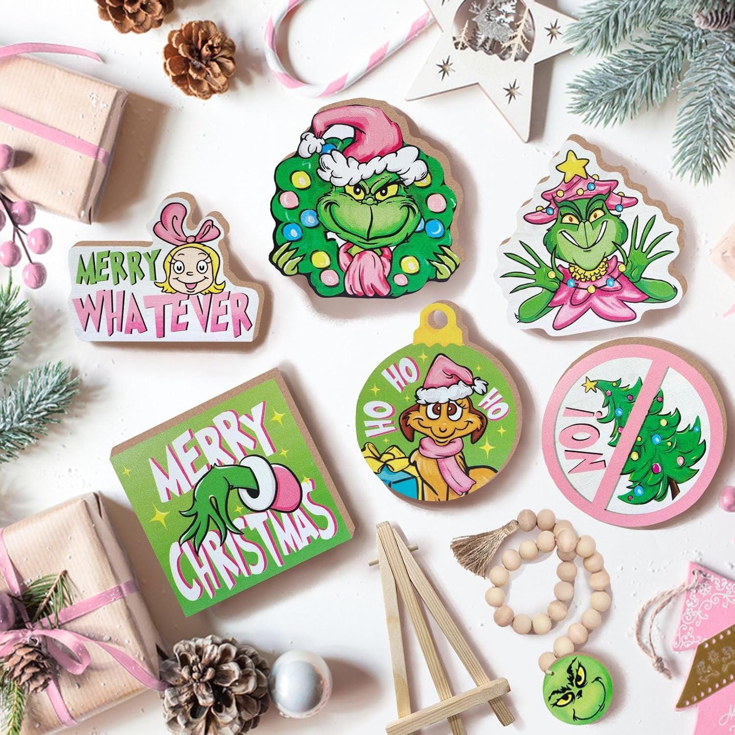 Merry Christmas Tiered Tray Decor, Pink Xmas Tree Tray Decorations Set, Max Dog Hohoho Merry Whatever Girl Winter Wooden Signs, Funny Holiday Farmhouse Rustic Home Decor for Table Shelf Party