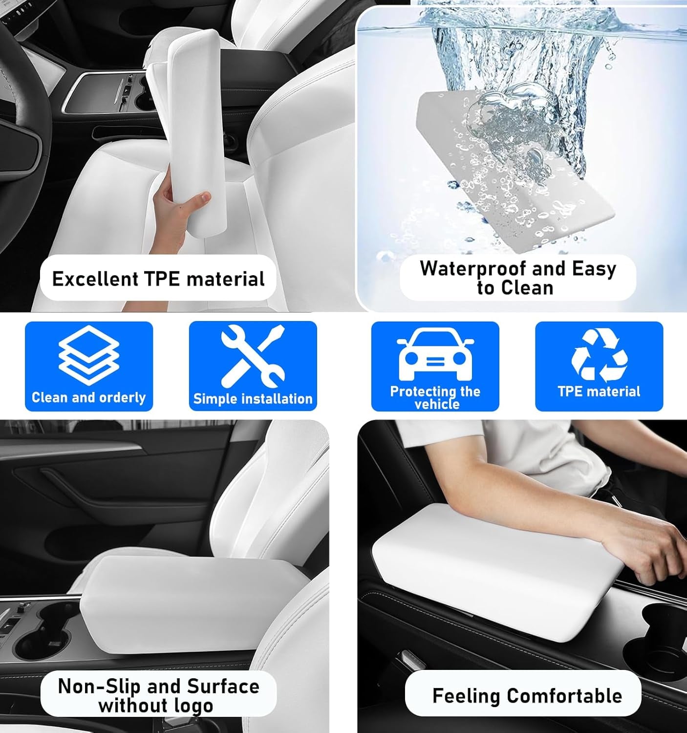 Armrest Cover for Tesla Model 3 Model Y 2017-2024, Center Console TPE Armrest Protective Cover Snap on Install for Tesla Model 3/Y Accessories Interior, White (Not Fit for 2024 Model 3 Refresh)
