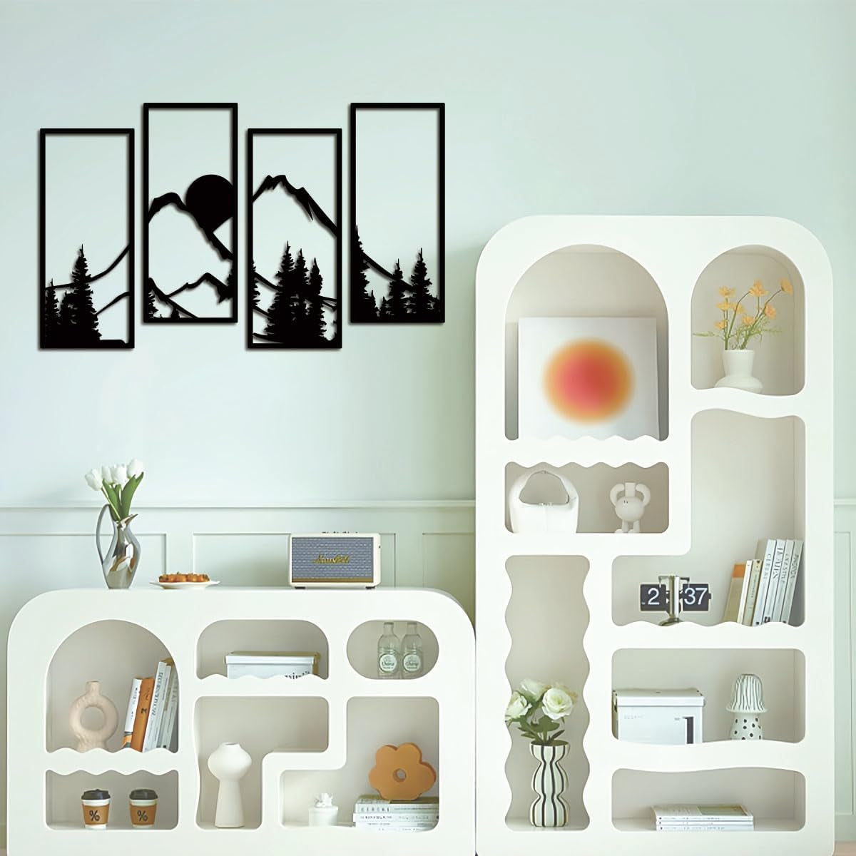 Metal Sunset Mountain Forest Wall Decor Set of 4, Minimalist Line Drawing Large Mountains Wall Art Home Decor for Living Room Bedroom Office…