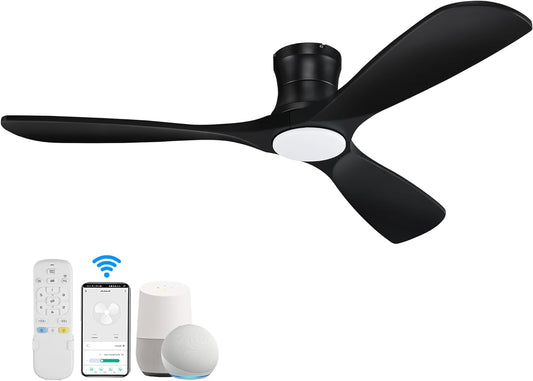 52” Smart Wood Low Profile Ceiling Fan with Lights Remote,Quiet DC Motor,Outdoor Indoor Flush Mount Ceiling Fans Controlled by WIFI Alexa App,Modern Black for Bedroom Living Room Patio Porch