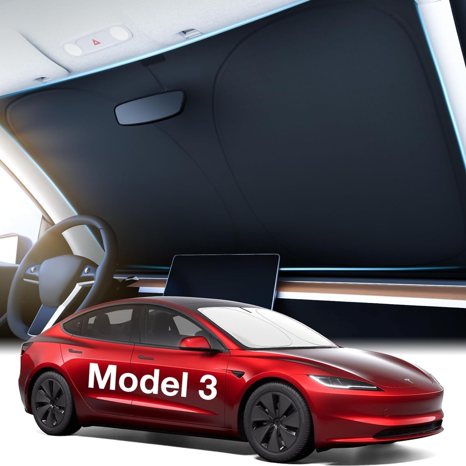 2024 Upgraded Accessories Tesla Model 3 Windshield Sunshade [OEM Design, 100% Sun Blockage] Foldable Heat Insulation Sun Shade with Storage Bag, for Tesla Model 3 2016~2024, Silver Coating