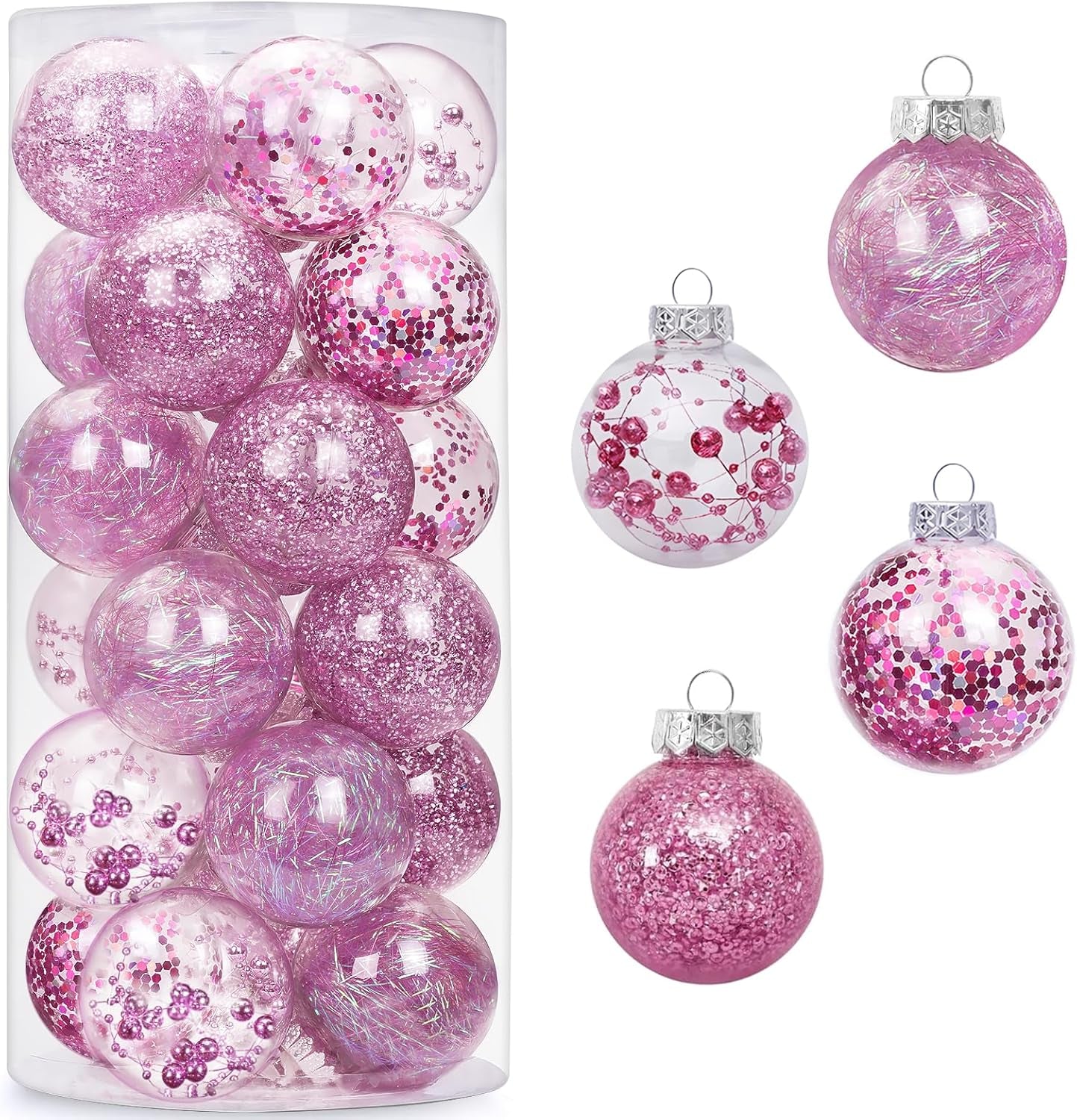 24Ct Clear Christmas Ball Ornaments, 2.76''/70Mm Shatterproof Hanging Xmas Balls Baubles Set for Christmas Tree with Stuffed Delicate Decorations for Wedding Christmas (Pink)