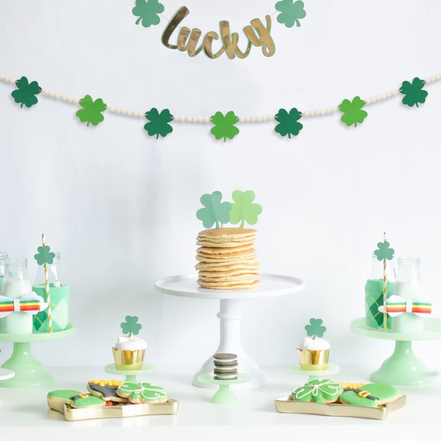 St. Patrick'S Day Decorations, Wood Bead Shamrock Garland for St. Patrick'S Day Decor, Lucky Felt Shamrock Garland for Mantel Wall Decor