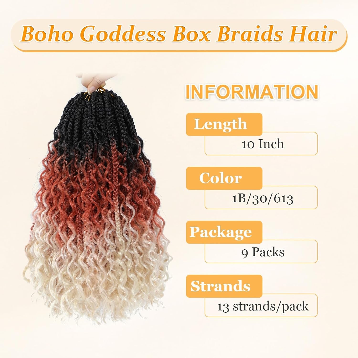 Goddess Box Braids Crochet Hair 10 Inch Boho Crochet Box Braids with Curly Ends, 9 Packs Bohomian Box Braids Crochet Hair for Black Women Pre Looped Box Braids Crochet Hair (10Inch,1B/30/613)