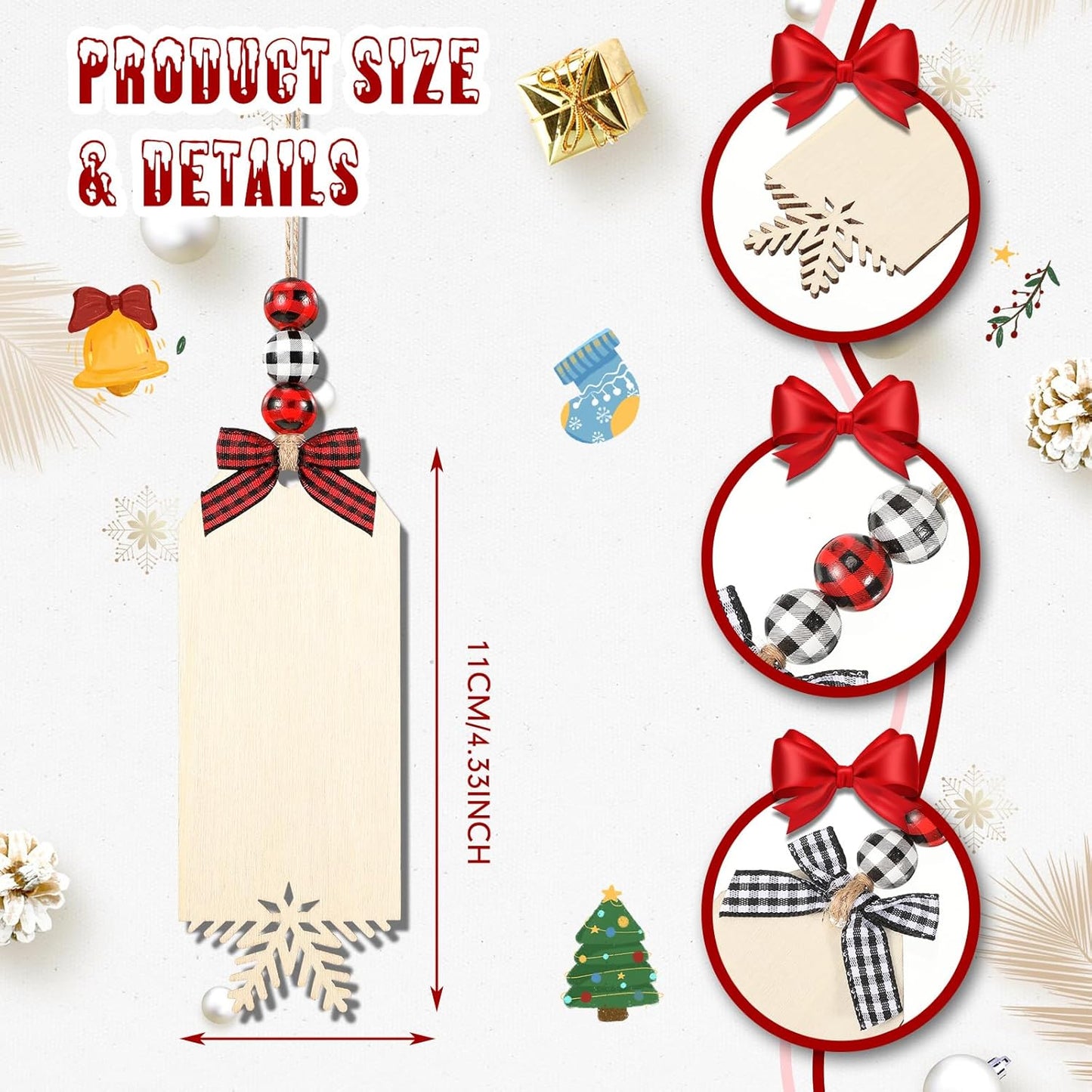 12 Set Christmas Stocking Name Tags Xmas DIY Wooden Name Signs Includes Tags Wood Beads and Bow Christmas Ornaments for Christmas Stockings Home Farmhouse Decor (Snowflake)