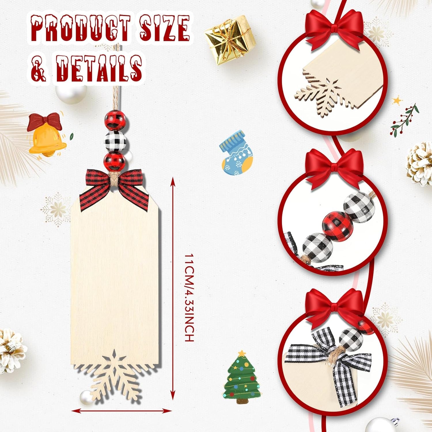 12 Set Christmas Stocking Name Tags Xmas DIY Wooden Name Signs Includes Tags Wood Beads and Bow Christmas Ornaments for Christmas Stockings Home Farmhouse Decor (Snowflake)