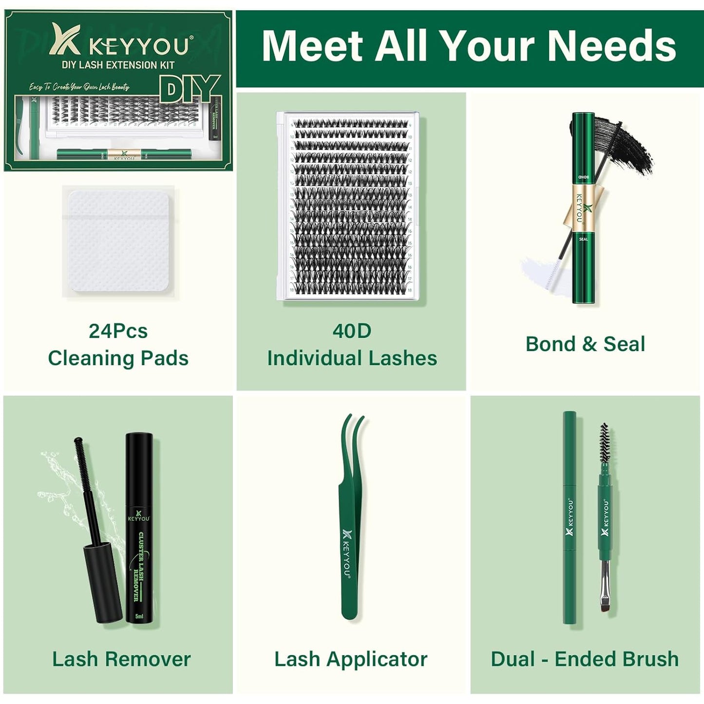 DIY Lash Extension Kit  300Pcs Individual Eyelash Extension Kit 40D 0.07D Curl 9-18MIX Lash Clusters Kit with Lash Glue Remover Applicator Easy to Use for Beginners(Kit-40D-0.07D,9-18Mix)