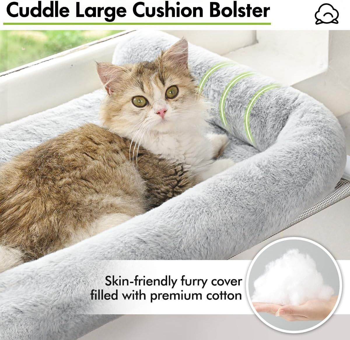Cat Window Sill Perch with Large Bolster, Easy to Adjust & Assemble Cat Window Seat for Windowsill & Bedside, Cat Hammock Bed for Large Cats and Kittens (Grey, M)