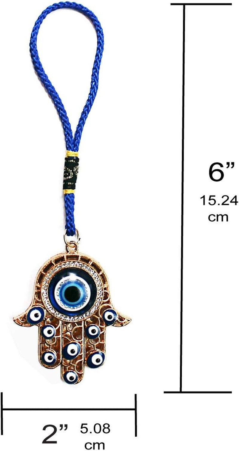 Hamsa Hand Amulet Pendant W/Crystal Rhinestones Blue, White & Black Evil Eye Car Hanging Ornament Rear View Mirror Accessories - Door, Wall, Bag Charms (Gold & Matching Tassel)