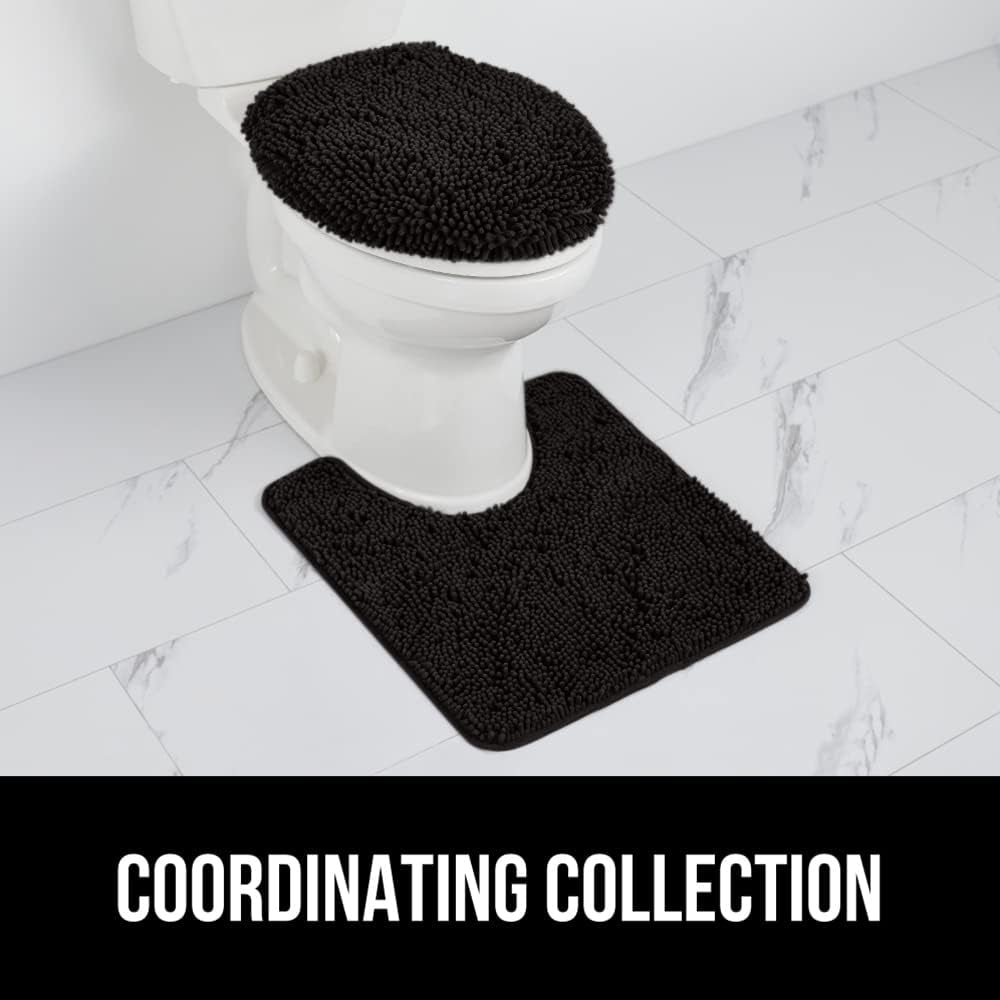 Soft Chenille Bathroom Toilet Lid Cover, Machine Washable Seat Covers, 17.5X15, Stays in Place Rubber Backing, Fits Most Round, Elongated and Oblong Lids, Accessories Decor, Black