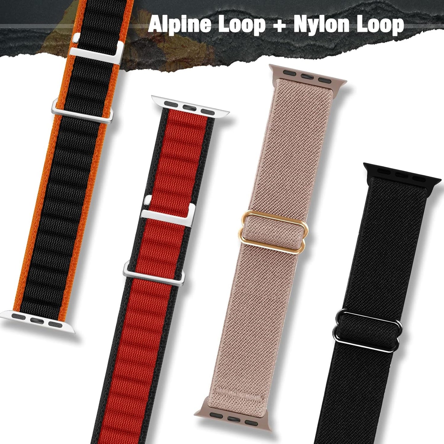 4 Pack Alpine Loop Bands Compatible with Apple Watch Ultra Band 49Mm 45Mm 44Mm 42Mm 41Mm 40Mm 38Mm Men Women, Adjustable Nylon Sport Titanium G-Hook Bands for Iwatch Series 8 7 6 5 4 3 2 1 SE